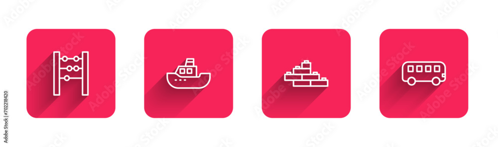 Poster set line abacus, toy boat, building block bricks and bus toy with long shadow. red square button. ve