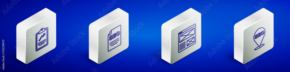 Aufkleber set isometric line clipboard with graph chart, seo optimization, browser window and icon. vector