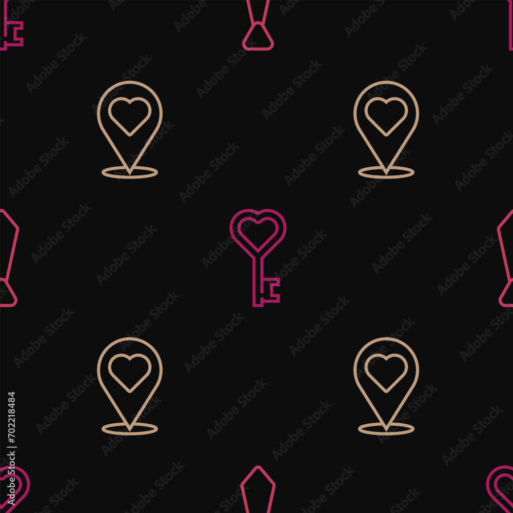 Poster set line tie, location with heart and key in shape on seamless pattern. vector