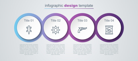 Set line Lizard, Sun, Revolver gun and Beans in can. Business infographic template. Vector