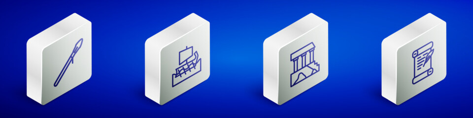 Set Isometric line Medieval spear, Greek trireme, Parthenon and Decree, parchment, scroll icon. Vector