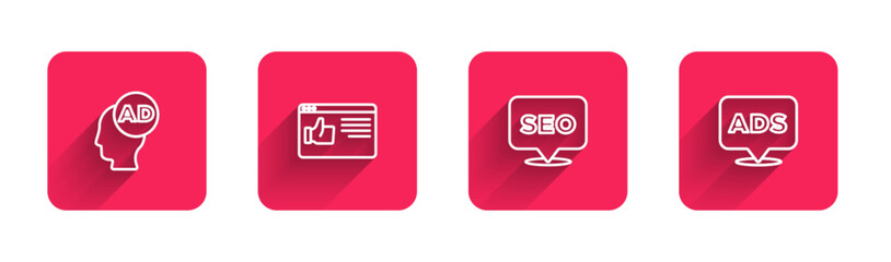 Set line Advertising, Browser window, SEO optimization and  with long shadow. Red square button. Vector