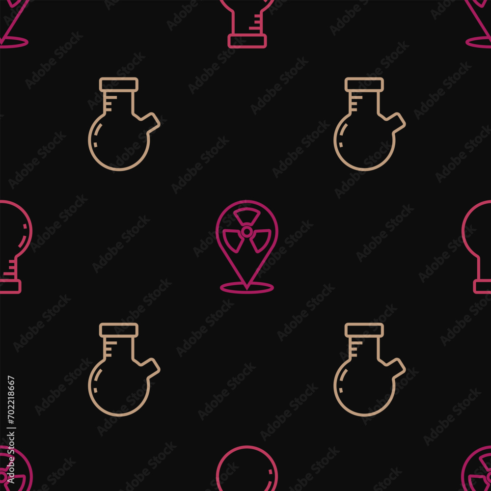 Poster set line test tube and flask, and radioactive in location on seamless pattern. vector