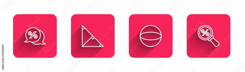 Poster set line discount percent tag, angle bisector of triangle, geometric figure sphere and magnifying gl