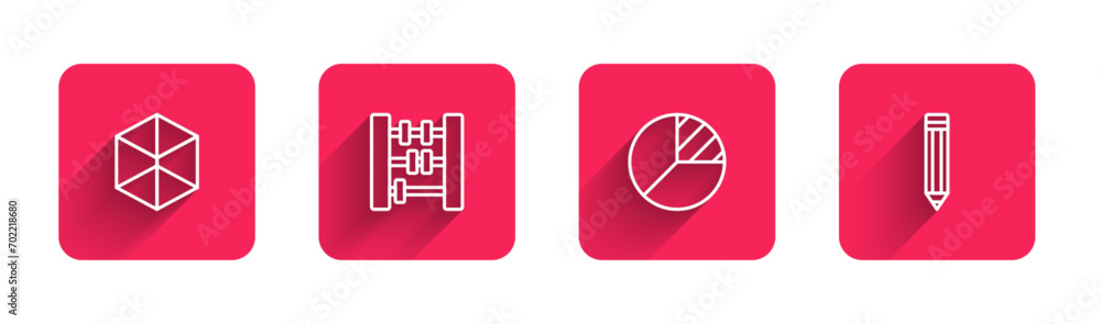 Poster set line geometric figure cube, abacus, pie chart infographic and pencil with long shadow. red squar