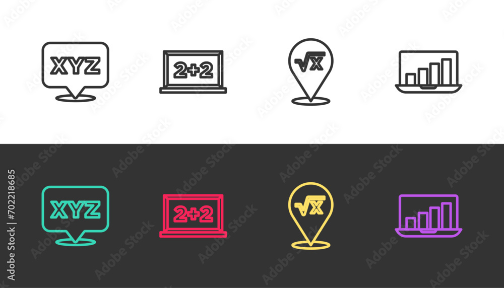 Aufkleber set line xyz coordinate system, chalkboard, square root of x glyph and laptop with graph chart on bl