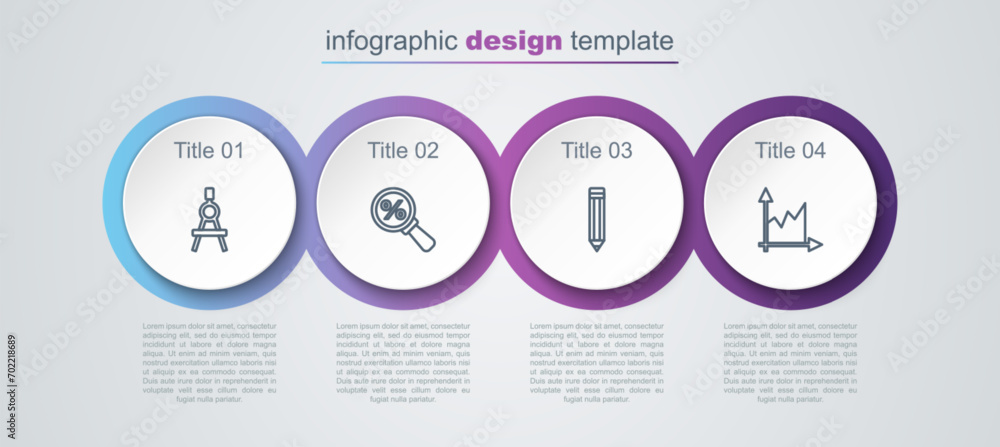 Sticker Set line Drawing compass, Magnifying glass with percent, Pencil and Graph, schedule, chart, diagram. Business infographic template. Vector