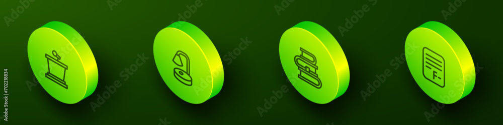 Poster set isometric line stage stand, table lamp, book and exam paper with incorrect answers icon. vector