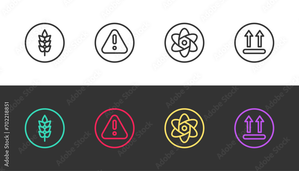 Poster set line wheat, exclamation mark in triangle, test tube and flask and temperature wash on black and 