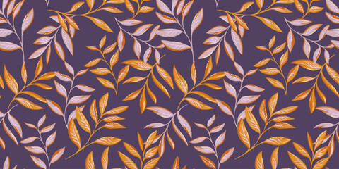 Elegance gold leaves branches seamless pattern. Vector hand drawn sketch. Artistic stylized stems leaf print. Abstract botanical floral on a violet background. Design for fashion, fabric, wallpaper.