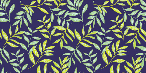 Creative artistic vibrant branches leaves intertwined in a seamless pattern. Vector hand drawn. Botanical tropical floral print on a dark blue background. Design for fashion, fabric, wallpaper.