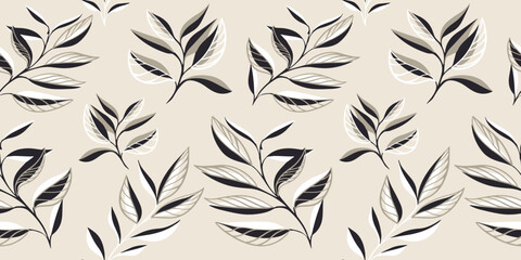 Light tropical botanical seamless pattern. Creative abstract shape leaves branches background. Simple floral leaf printing. Vector hand drawn sketch. Design for fashion, fabric and textiles - obrazy, fototapety, plakaty