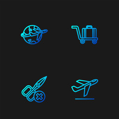 Set line Plane takeoff, No scissors, Globe with flying plane and Trolley baggage. Gradient color icons. Vector