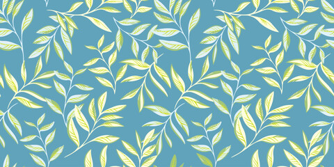 Colorful trendy green stems leaves intertwined in a seamless pattern. Vector hand drawn. Abstract tropical floral print. Art graphic botanical background with leaf branches. Design for fashion, fabric