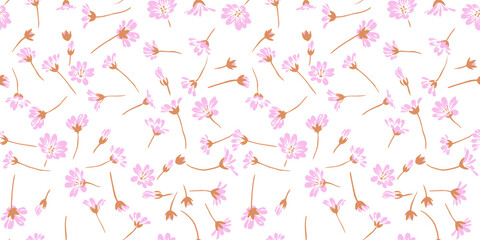 Gently elegance simple floral seamless pattern on a white background. Vector hand drawn sketch. Creative tiny shape wild flowers. Design for fashion, fabric, and textile.