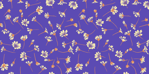 Vibrant summer simple floral pattern on a violet background. Vector hand drawn sketch. Creative tiny shape wild flowers seamless printing. Design for fashion, fabric, and textile.