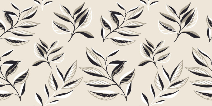 Light tropical botanical seamless pattern. Creative abstract shape leaves branches background. Simple floral leaf printing. Vector hand drawn sketch. Design for fashion, fabric and textiles