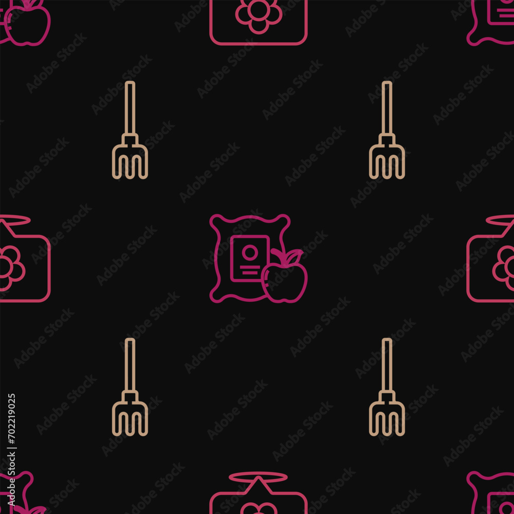 Poster set line location with flower, garden rake and apple in the sack on seamless pattern. vector