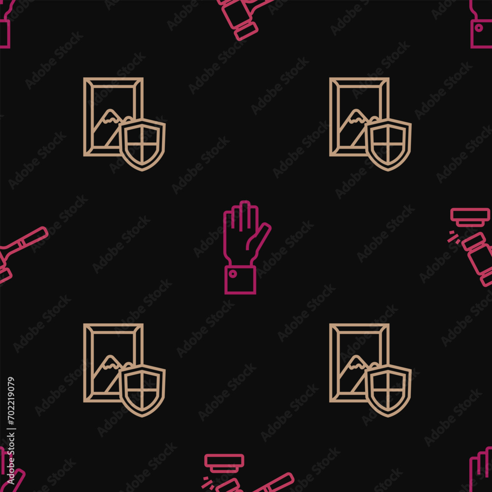 Sticker Set line Auction hammer, painting and Hand holding auction on seamless pattern. Vector