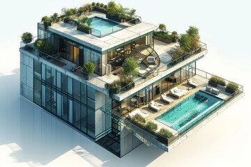 Isometric Urban Hotel with Rooftop Swimming Pool, Stylish Lounge, and Cityscape Views, on an Isolated White Background, Generative AI