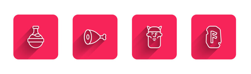 Set line Bottle with potion, Chicken leg, Viking head and Magic rune with long shadow. Red square button. Vector