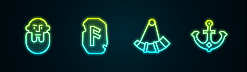 Set line Viking head, Magic rune, Hunting horn and Anchor. Glowing neon icon. Vector