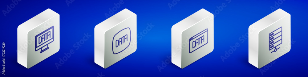 Poster set isometric line data analysis, and server icon. vector