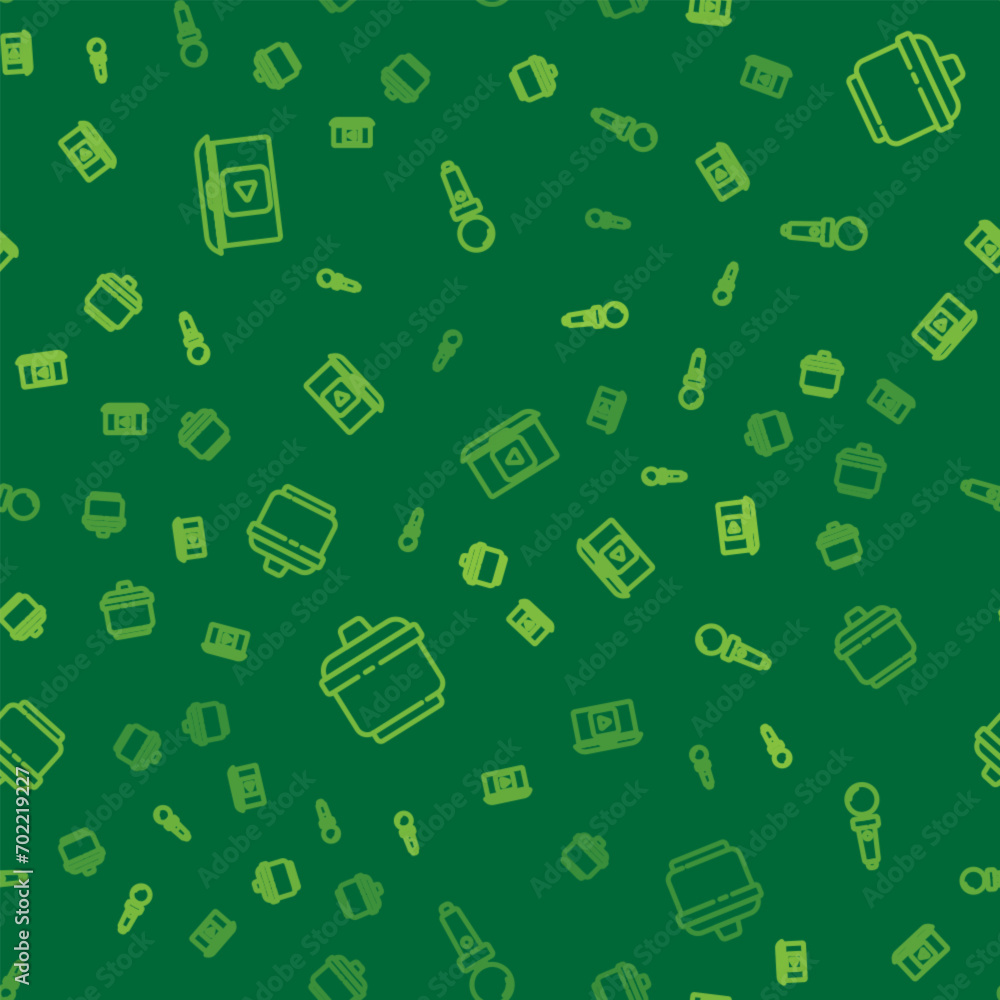 Poster set line online play video, cooking pot and joystick for arcade machine on seamless pattern. vector