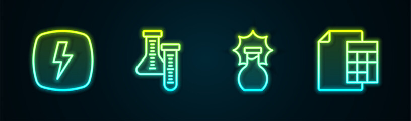 Set line Lightning bolt, Test tube, Explosion the flask and Calculator. Glowing neon icon. Vector