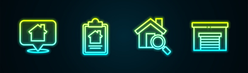Set line Location with house, House contract, Search and Garage. Glowing neon icon. Vector