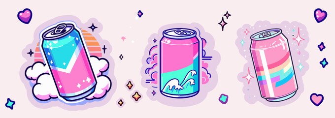 Cute pink soda cans in cartoon anime style. Set of vector illustrations for sticker or patch design in pastel colors. - obrazy, fototapety, plakaty