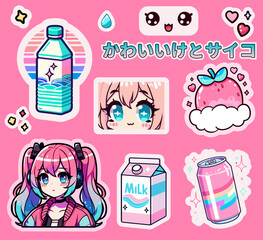 Fototapeta premium A set of anime style stickers featuring strawberries, a soda can, a milk carton, and an anime girl's head.