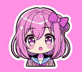Cute pink-haired anime girl on a pink background.