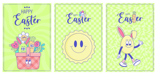 Happy Easter, spring holiday. Retro groovy cartoon characters and elements. Vintage funky mascot poster psychedelic smile and emotion. Comic trendy set cards. Vector illustration 60s 70s 90s style