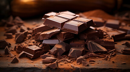 Broken chocolate pieces and cocoa powder on wooden background - obrazy, fototapety, plakaty