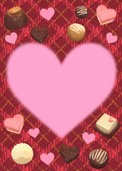 バレンタイン　背景素材　ハート型フレームとチョコ　飾り枠　おしゃれ　ギフト　洋菓子　メッセージカード　見出し　POP   縦長