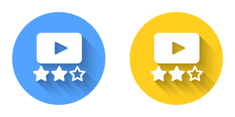 White Film or movie cinematography rating or review icon isolated with long shadow background. Circle button. Vector