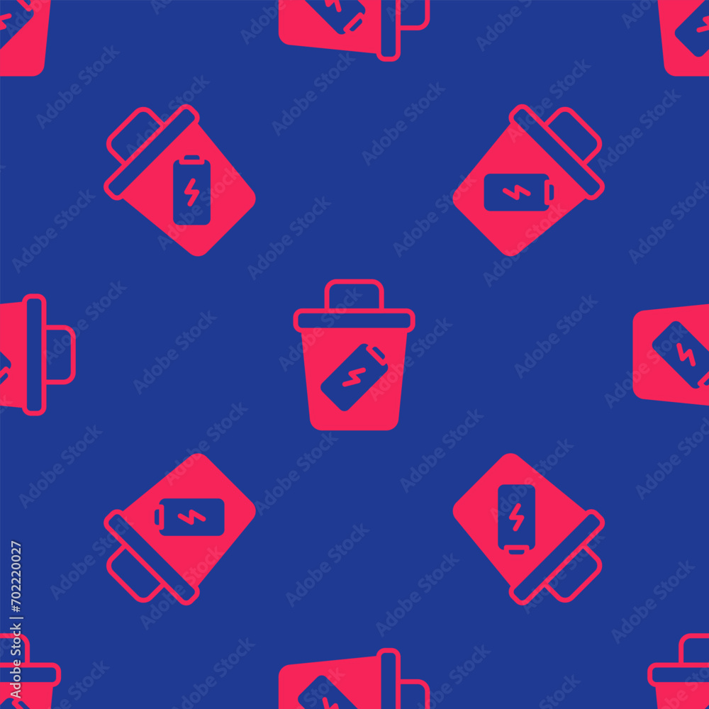 Poster Red Trash can icon isolated seamless pattern on blue background. Garbage bin sign. Recycle basket icon. Office trash icon.  Vector