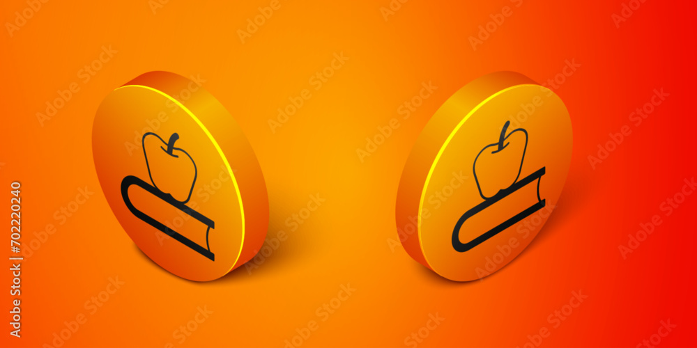 Sticker Isometric Book with apple icon isolated on orange background. Orange circle button. Vector