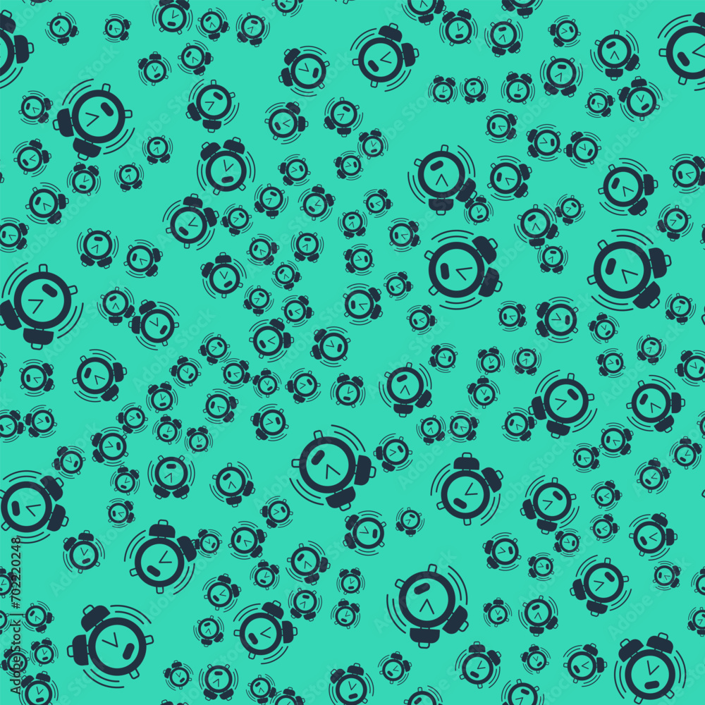 Poster black alarm clock icon isolated seamless pattern on green background. wake up, get up concept. time 