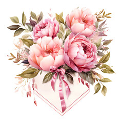 Frame of Peony Love Letter Watercolour Paper Chinese Floral Love Lett Clipart Isolated Design Tshirt Folded Envelove Creative Design Concept PNG Transparent Valentine Event 