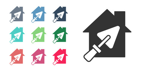 Black House or home with trowel icon isolated on white background. Adjusting, service, setting, maintenance, repair, fixing. Set icons colorful. Vector