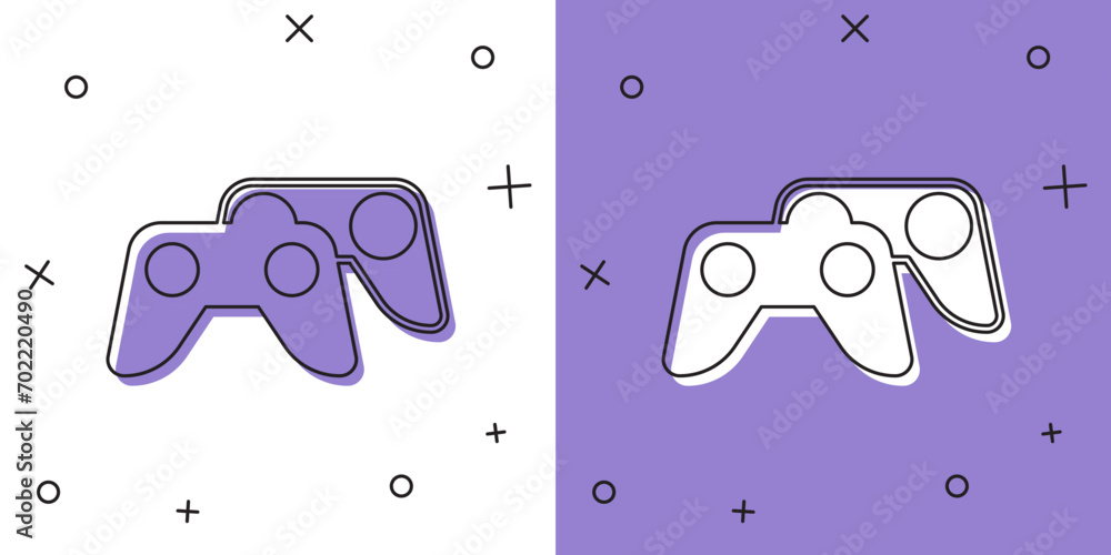 Poster set game controller or joystick for game console icon isolated on white and purple background. vecto