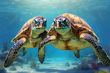 Illustration of couple of turtles in love swimming