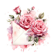 Frame of Rose Love Letter Watercolour Paper Romantic Floral Love Lett Clipart Isolated Design Tshirt Folded Envelove Creative Design Concept PNG Transparent Valentine Event 