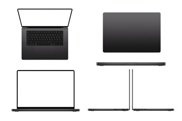 Modern laptop. Group photo of laptop taken from different angles on white background.