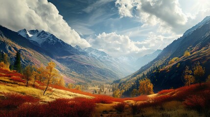 Breathtaking Autumn Landscape with Majestic Mountains, Colorful Foliage, and Cloudy Sky