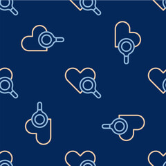 Line Medical heart inspection icon isolated seamless pattern on blue background. Heart magnifier search.  Vector