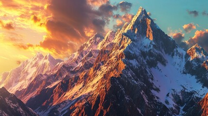 Breathtaking Sunset Over Snow-Capped Mountain Peaks, Vibrant Cloudy Sky Illuminating Rugged Terrain