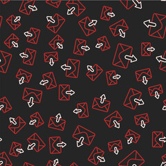 Line Mail and e-mail icon isolated seamless pattern on black background. Envelope symbol e-mail. Email message sign.  Vector